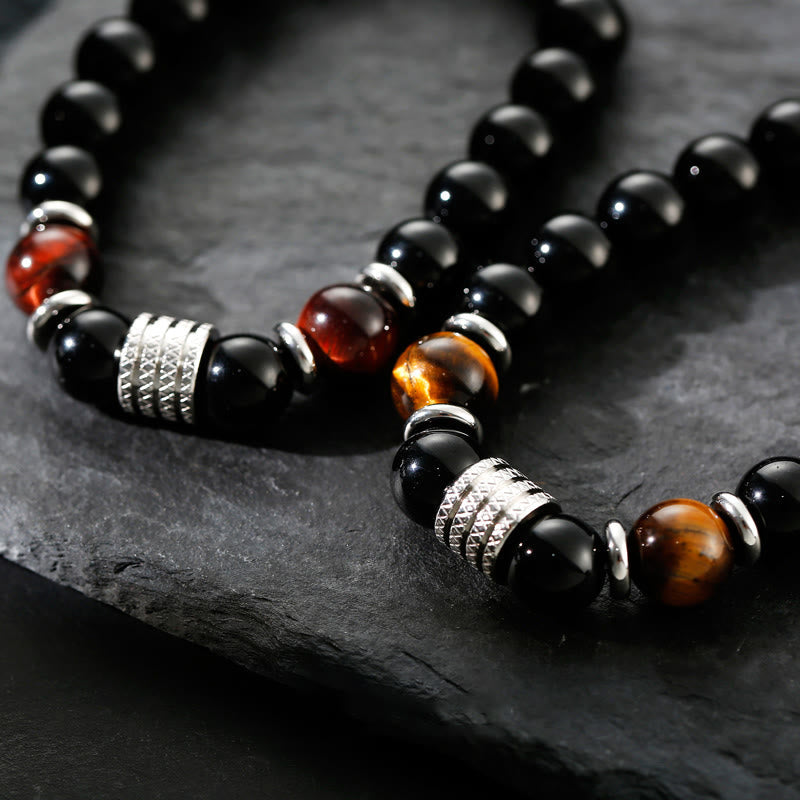 10mm Black Obsidian and Tiger Eye Beaded Bracelet with Titanium Steel
