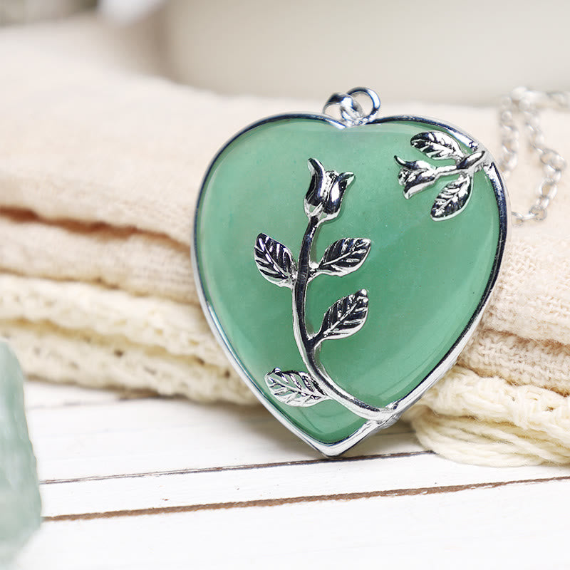 Green Aventurine Heart Rose Pendant Necklace