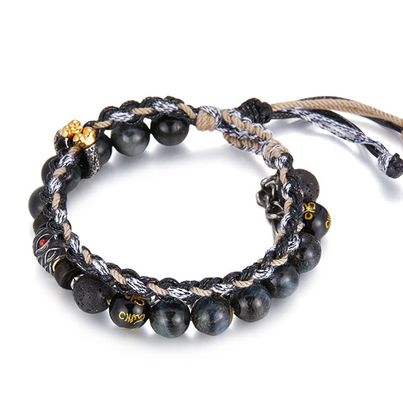 Handmade 925 Sterling Silver Gold Plated Lava Stone, Eagle's Eye & Black Agate Om Mani Beaded Bracelet