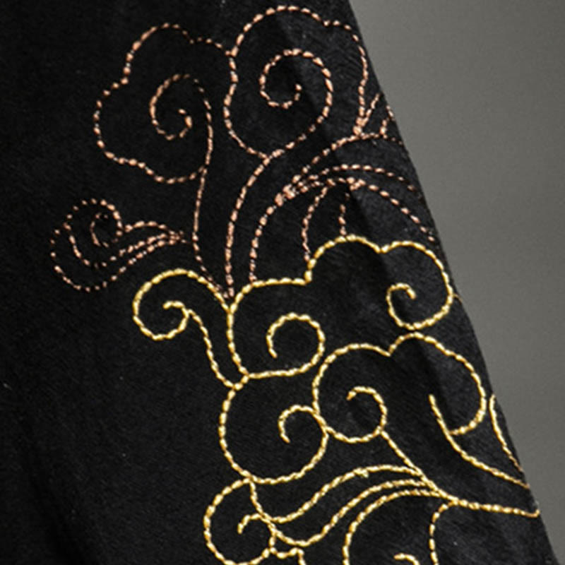 Frog-Button Chinese Dragon Auspicious Cloud Embroidery Half Sleeve Shirt Cotton Linen Men Clothing