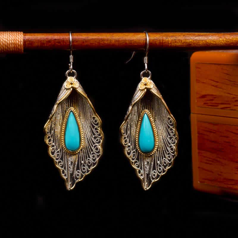 Bodhi Leaf Pattern 925 Sterling Silver Turquoise Dangle Drop Earrings