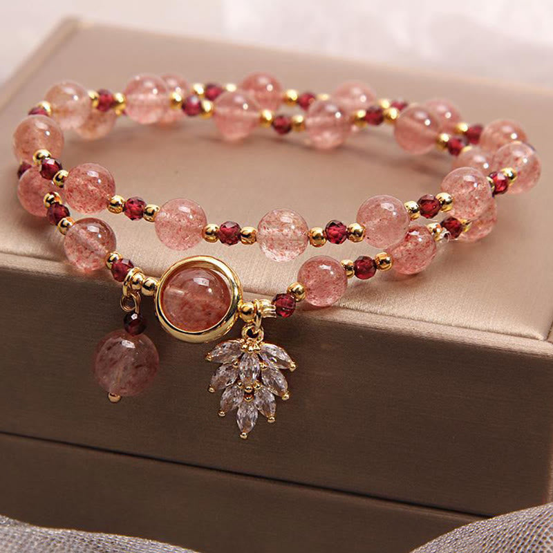 Natural Strawberry Quartz 6mm Bead Double Wrap Bracelet with Maple Leaf Charm