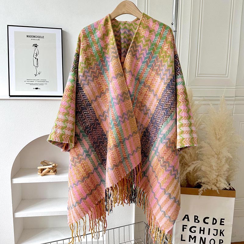 Tibetan Shawl Colorful Wavy Striped Shapes Tassels Winter Cozy Travel Scarf Wrap