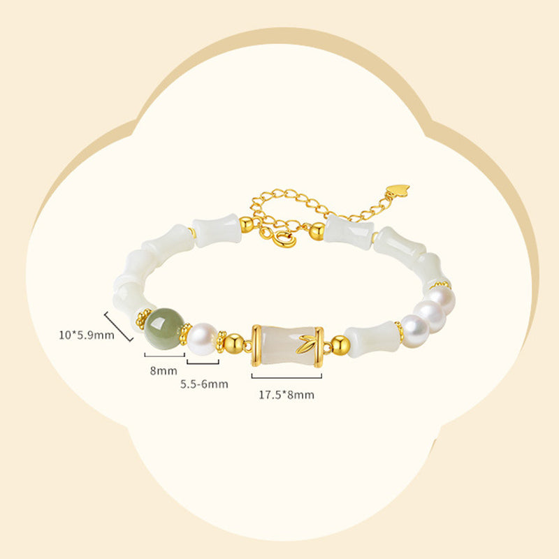 925 Sterling Silver Natural Hetian White Jade Bamboo Luck Blessing Bracelet