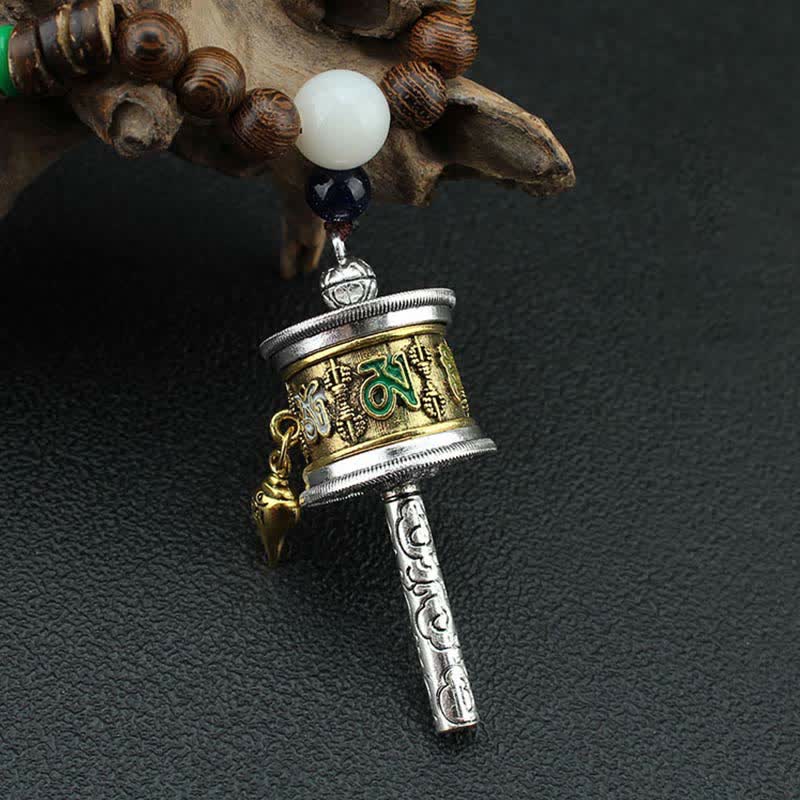 Tibetan Om Mani Padme Hum Prayer Wheel Rotation Vajra Wood Necklace Pendant