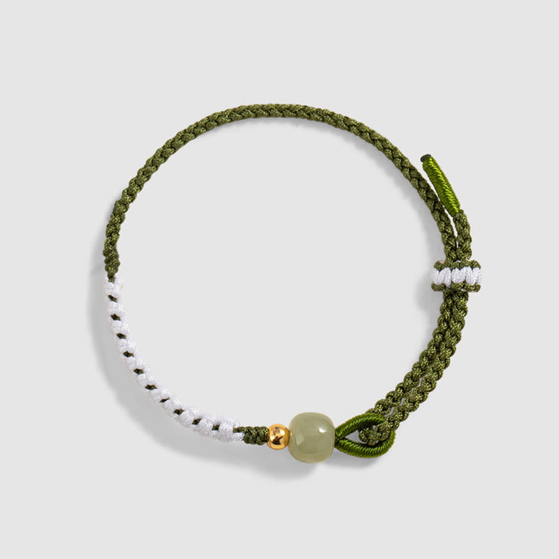 925 Sterling Silver Hetian Jade Bead Luck Braided Rope Bracelet