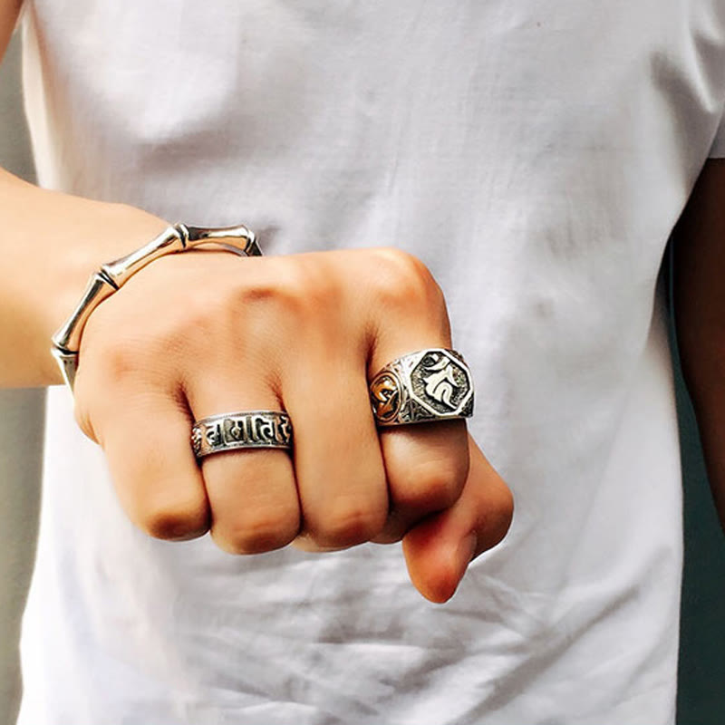 925 Sterling Silver Sanskrit Design Carved Protection Adjustable Ring