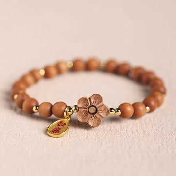 Natural Sandalwood Peach Blossom Ruyi Charm Handmade Wood Bracelet