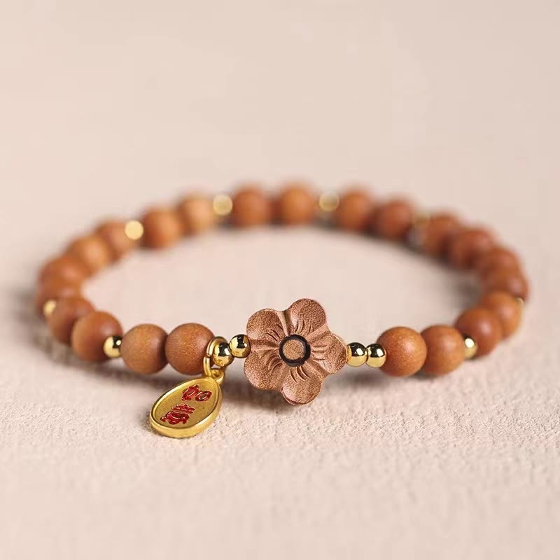 Natural Sandalwood Peach Blossom Ruyi Charm Handmade Wood Bracelet