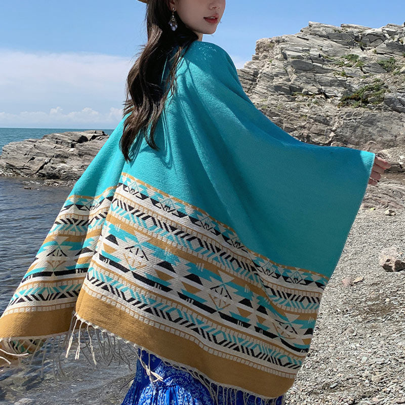 Tibetan Shawl Colorful Geometry Winter Cozy Travel Scarf Wrap