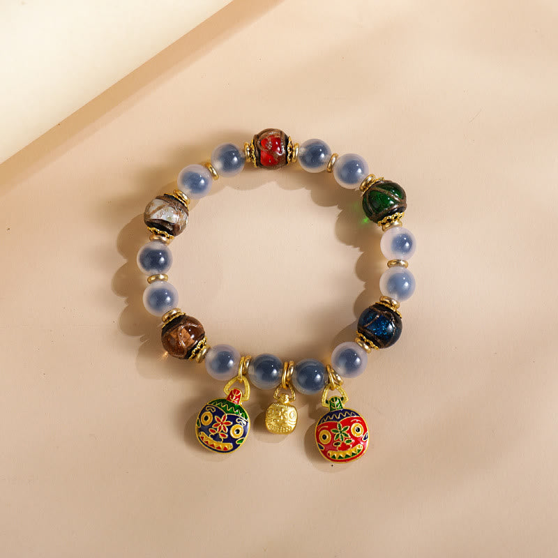 Vibrant Candy Agate & Liuli Beaded Bracelet with Gold Swallowing Beast Family Charm