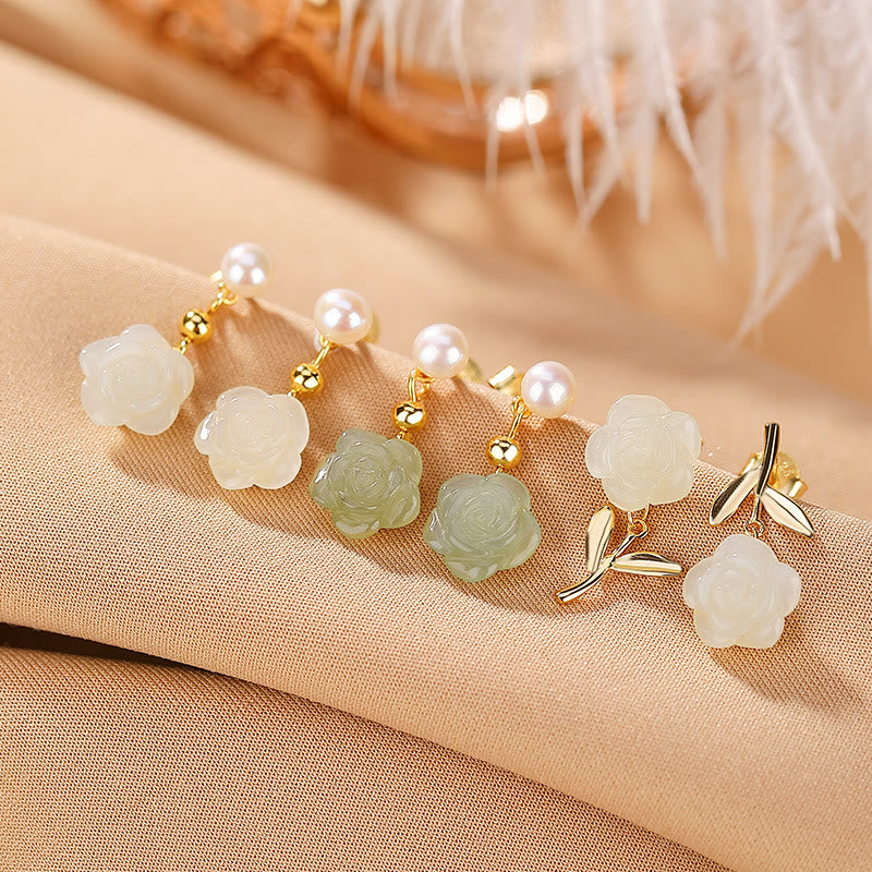 925 Sterling Silver Plated Gold Jade Rose Flower Cyan Jade Pearl Luck Earrings