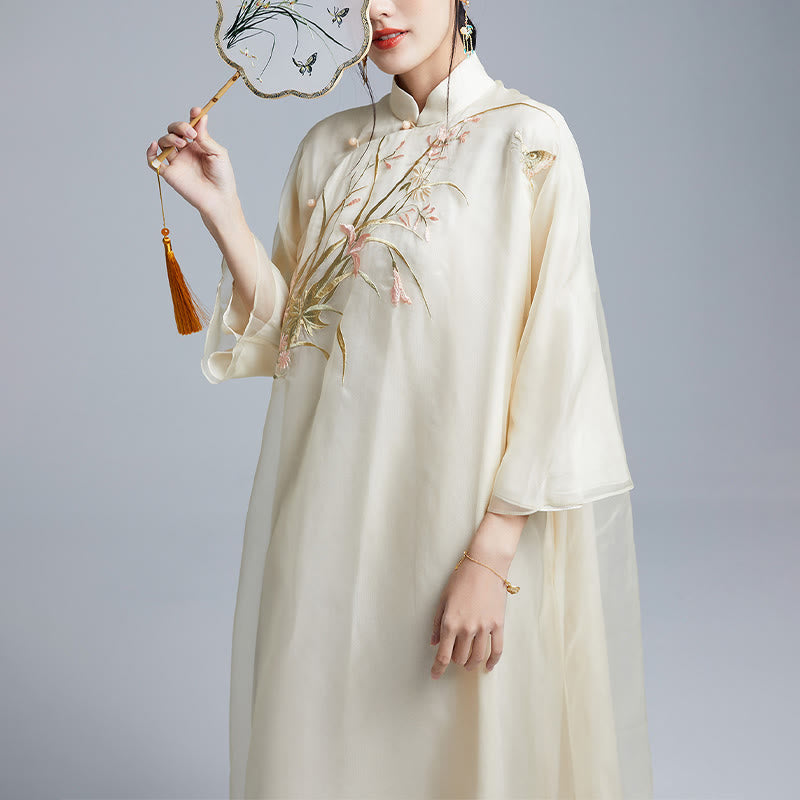 100% Mulberry Silk 6 Momme Dress Vintage Flower Butterfly Embroidery Qipao Dress Women's Cheongsam Dress