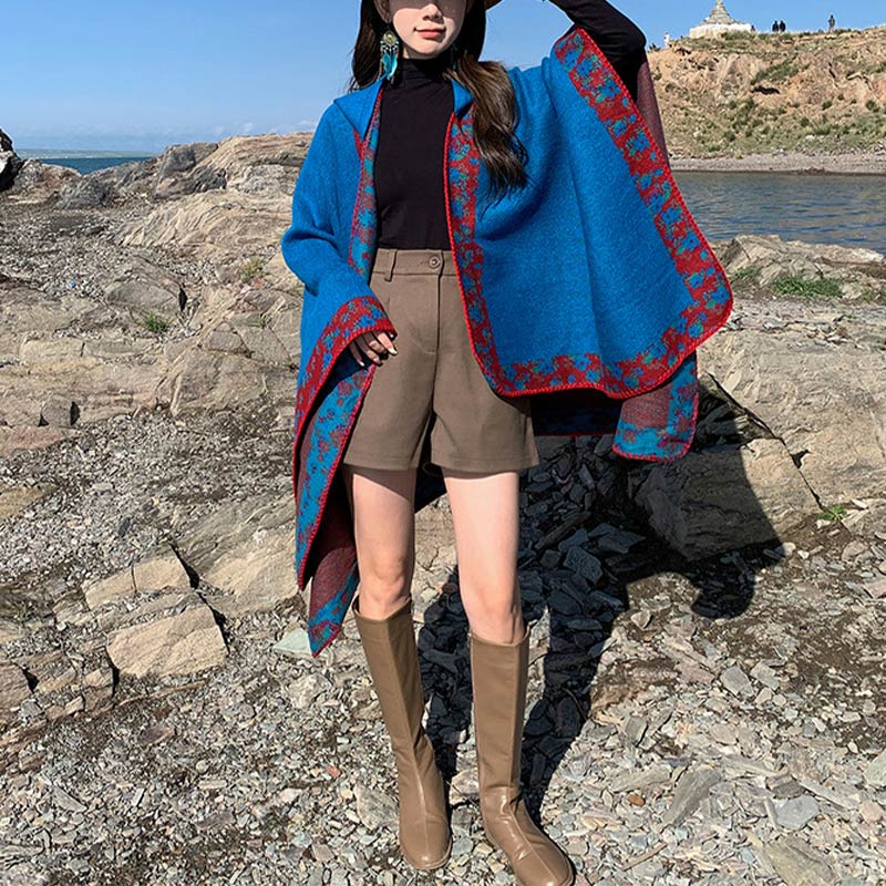 Tibetan Shawl Border Small Floral Flower Hooded Cloak Winter Cozy Travel Scarf Wrap