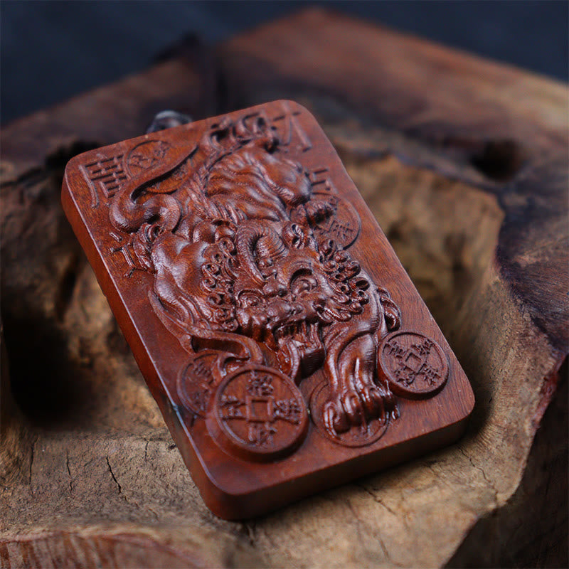 Natural Lightning Struck Jujube Wood PiXiu Copper Coin Good Fortune Necklace Pendant