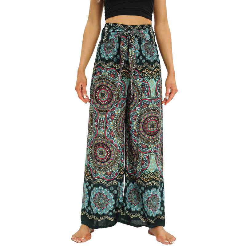 Boho Mandala Print Lace-up Wide Leg Pants Women's Yoga Pants
