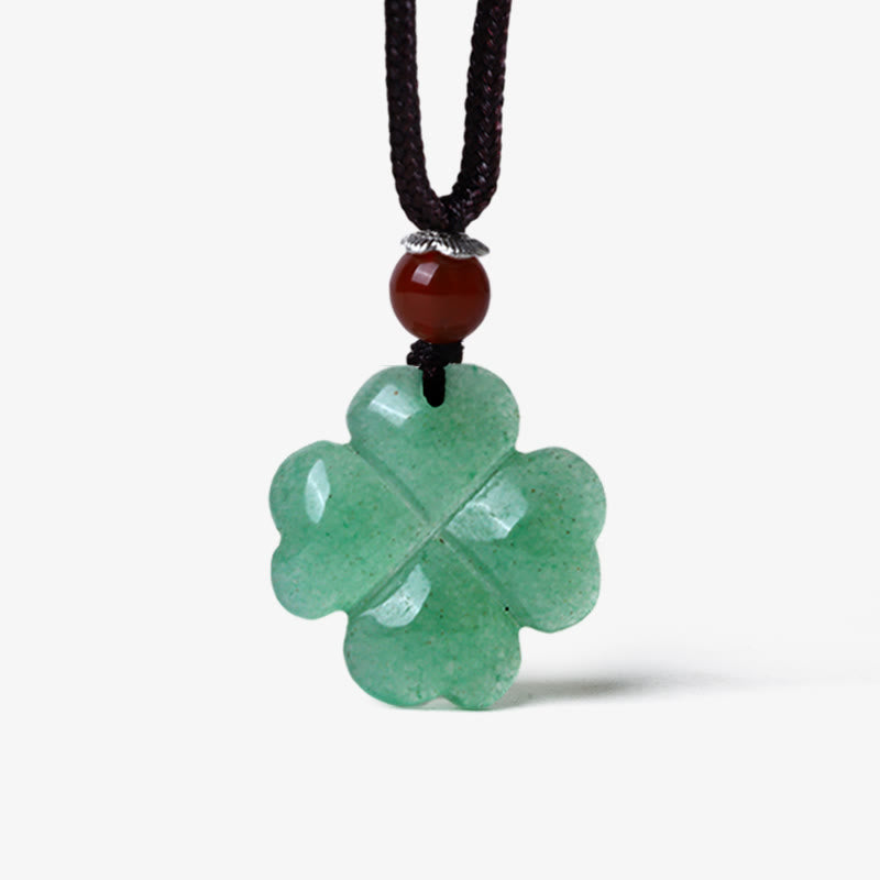 925 Sterling Silver Green Aventurine Four Leaf Clover Luck Leather Rope Necklace Pendant