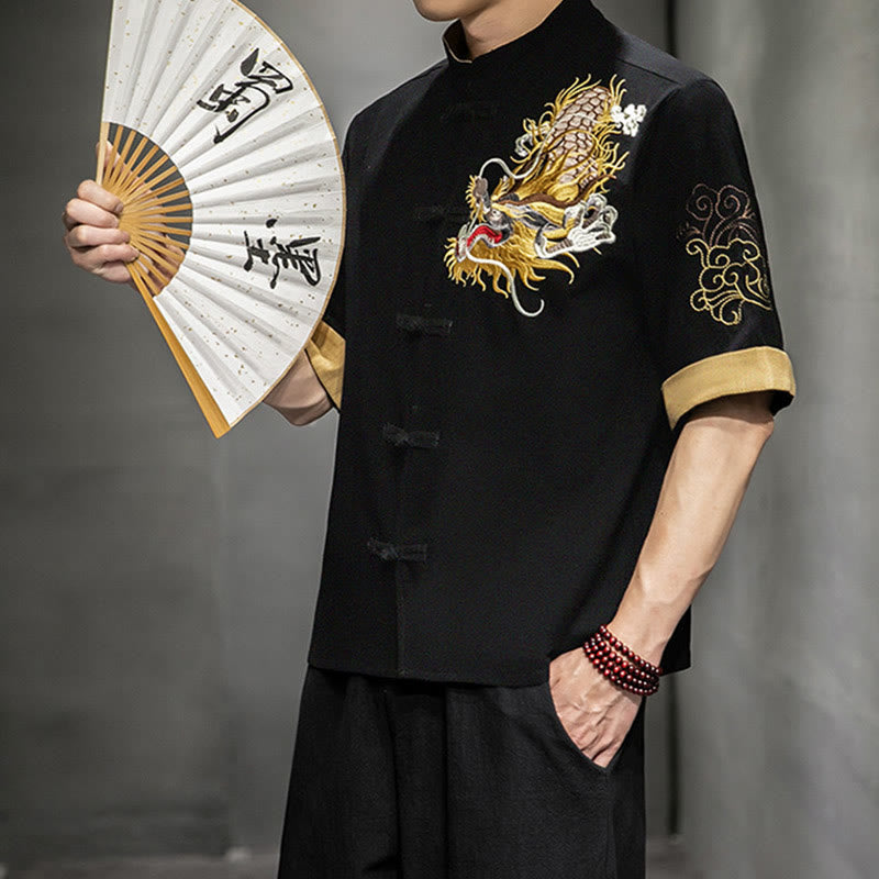 Frog-Button Chinese Dragon Auspicious Cloud Embroidery Half Sleeve Shirt Cotton Linen Men Clothing