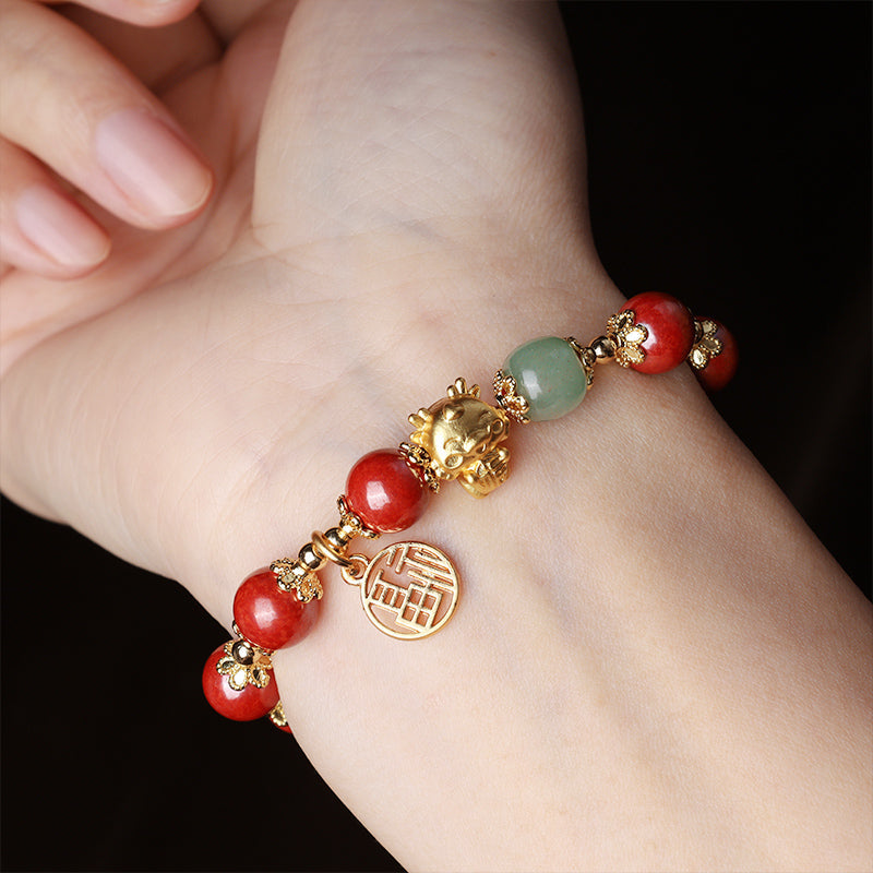 Year of the Dragon Natural Cinnabar Fu Character Charm Blessing Bracelet