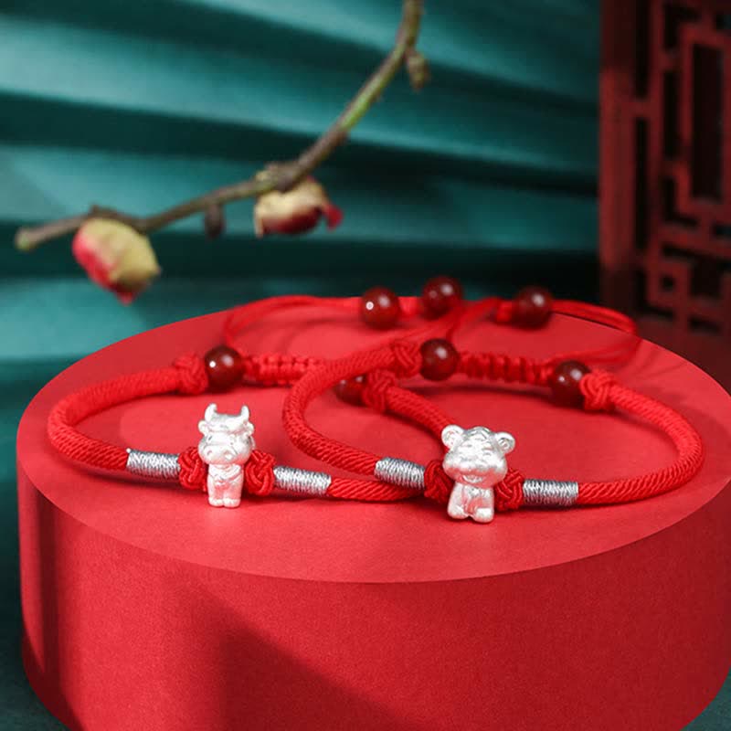 Handcrafted 999 Fine Silver Chinese Zodiac Red String Adjustable Bracelet