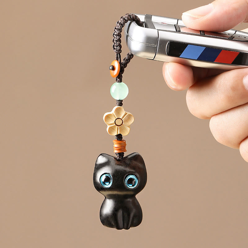 Hand-Carved Lucky Cat Wood Charm with Green Aventurine, Boxwood & Olive Wood Phone Keychain