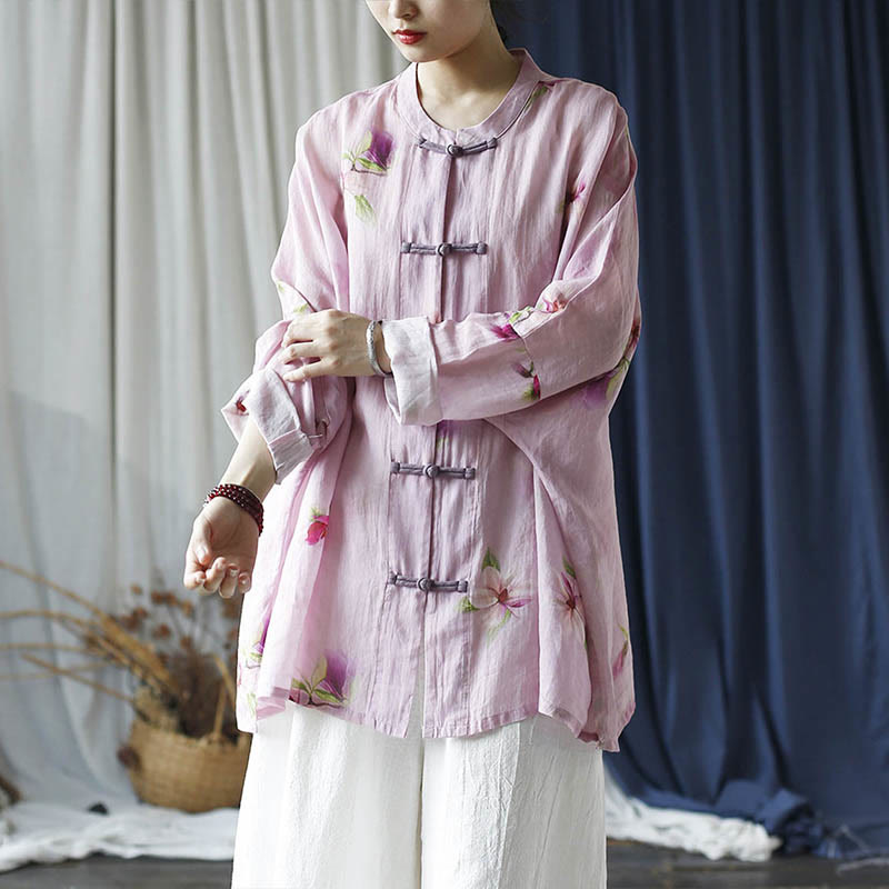 Pink Flower Print Frog-button Design Batwing Long Sleeve Ramie Linen Jacket Shirt