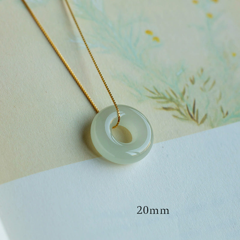 Natural Round Jade Ping An Kou 925 Sterling Silver Gold Plated Pendant Necklace