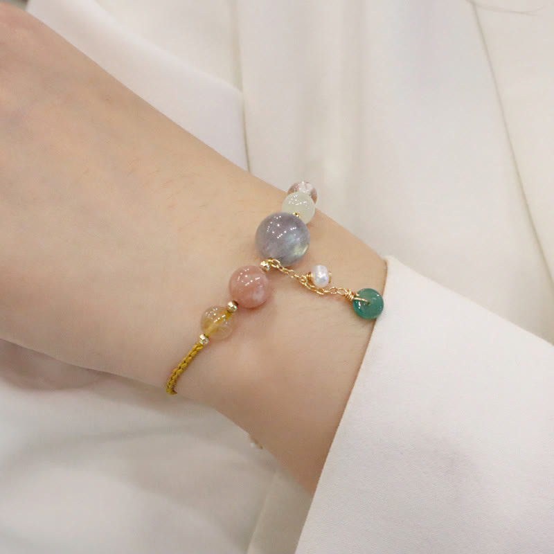 Multi-Gemstone Rope Bracelet with Moonstone, Sunstone, Hetian Jade & Ping An Kou Charm