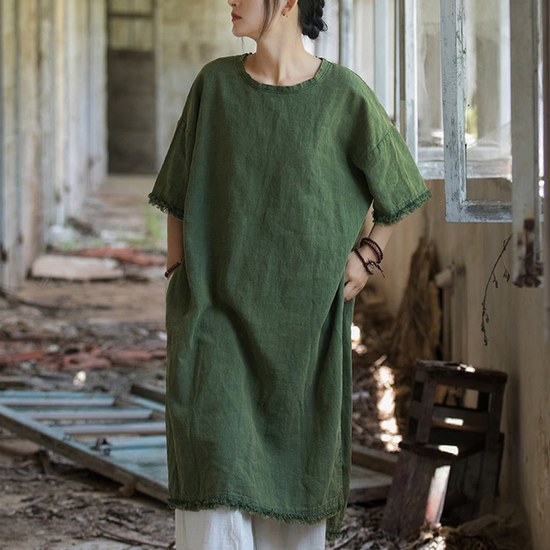 Mid Length Dress Ramie Linen Half Sleeve Split Hem Top T-Shirt