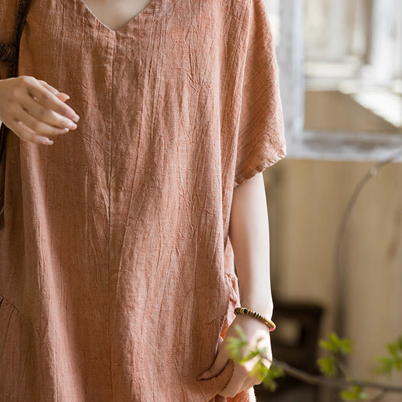 Handmade Tie Dye V-Neck Midi Dress Linen Short Sleeve Dress