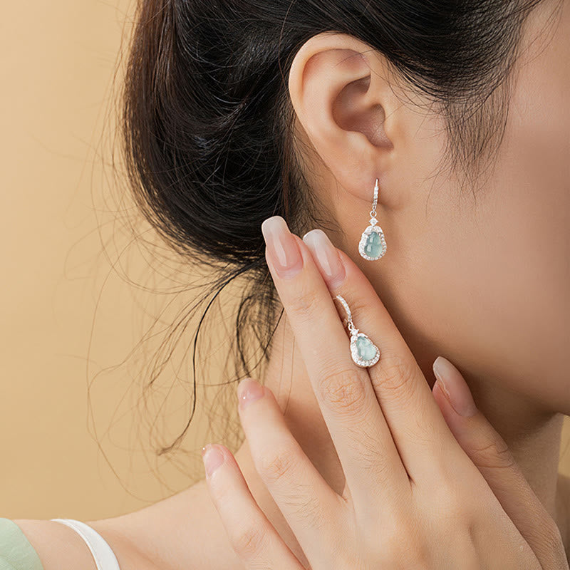 925 Sterling Silver Green Jade Wu Lou Gourd Drop Earrings