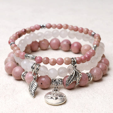 Rose Quartz 3PCS Beaded Lotus Charm Bracelet Set