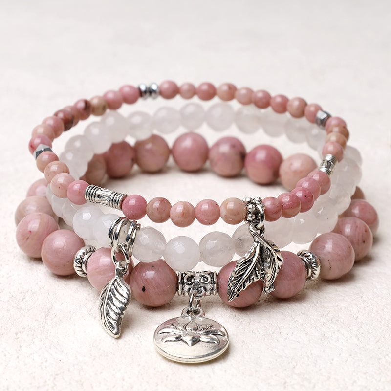 3PCS Natural Gemstone Beaded Lotus Charm Bracelet Set