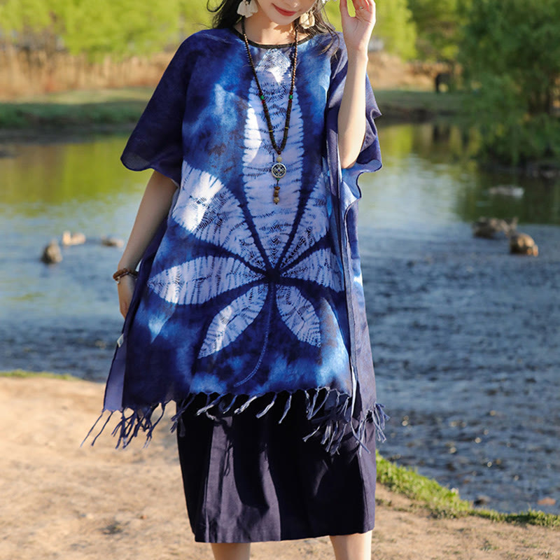 Artisanal Blue Batik Maple Leaf Mindful Travel Shawl Pullover