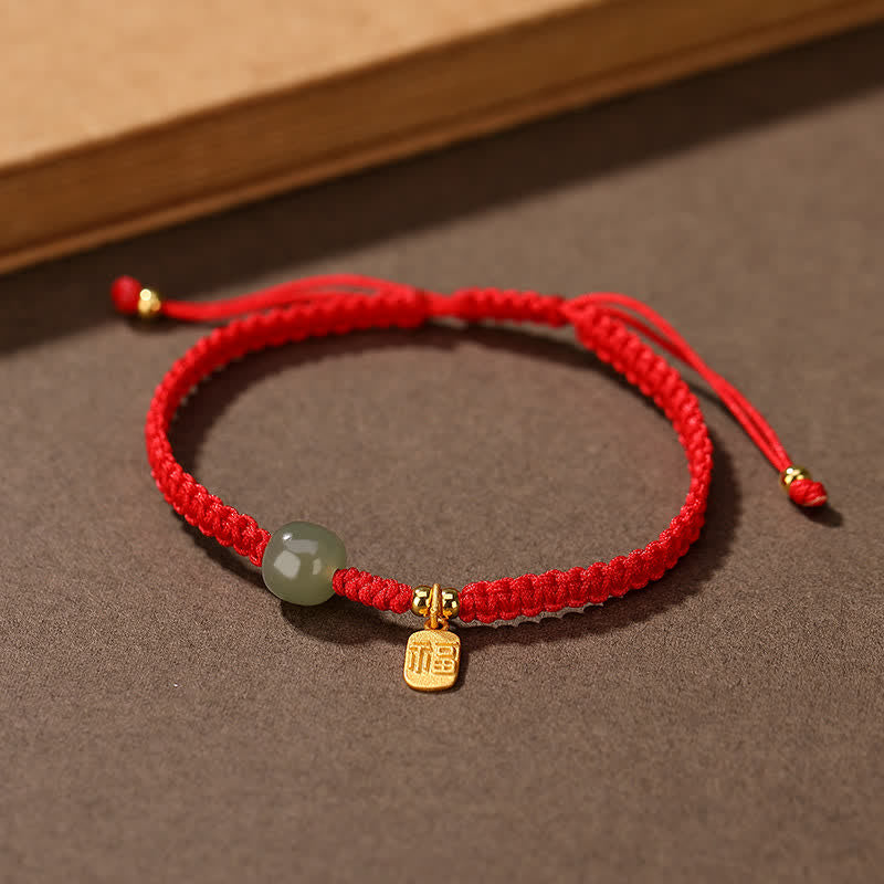 Sterling Silver & Hetian Jade Rabbit Blessing Adjustable Red String Bracelet