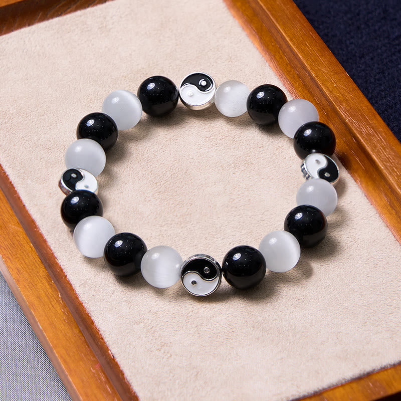 Black Obsidian Cat's Eye Yin Yang Bracelet for Energetic Balance and Inner Fortitude