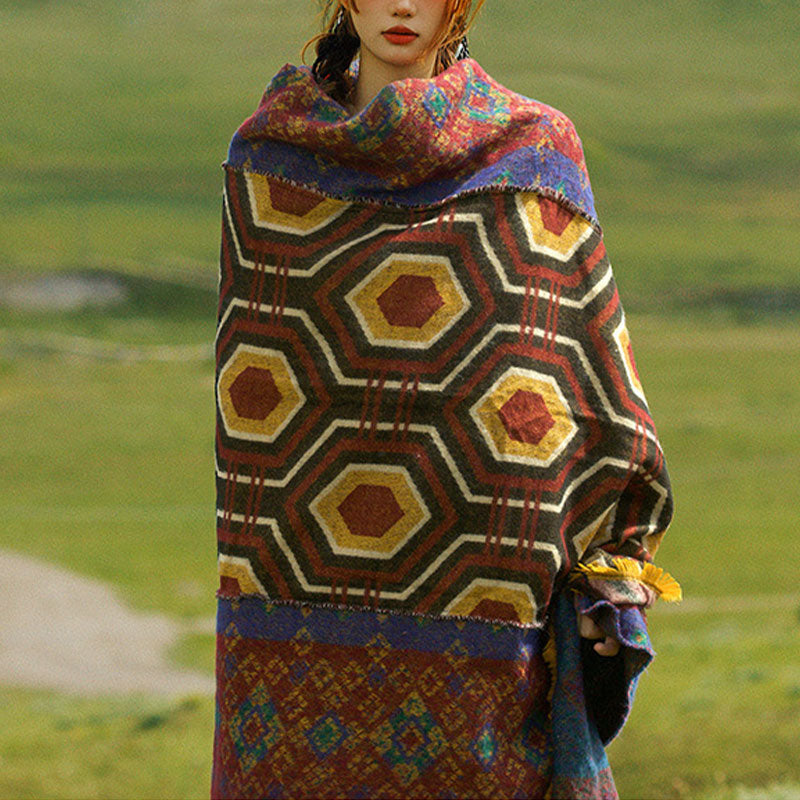 Tibetan Shawl Brown Blue Red Geometric Shapes Pattern Winter Cozy Travel Scarf Wrap
