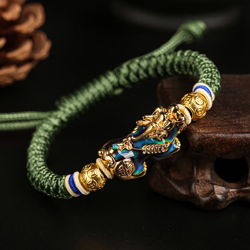 Color-Changing Gold & Copper Chinese Coin Pixiu Adjustable Cord Bracelet