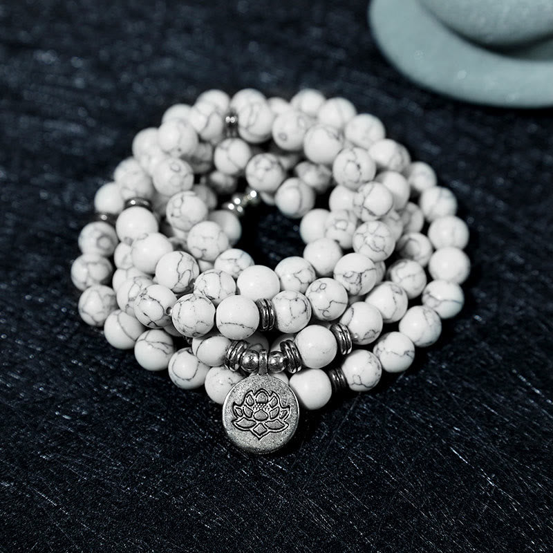 White Turquoise Lotus Mala Healing Bracelet