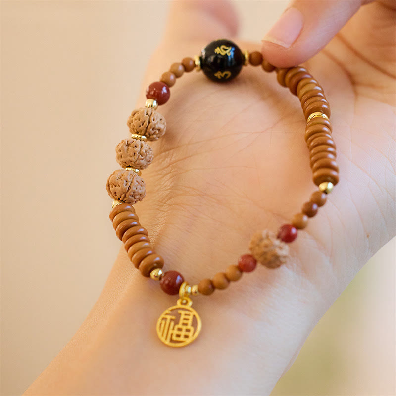 Tibetan Bodhi Seed Om Mani Fu Gold Copper Gemstone Bracelet with Red Agate & Olive Wood