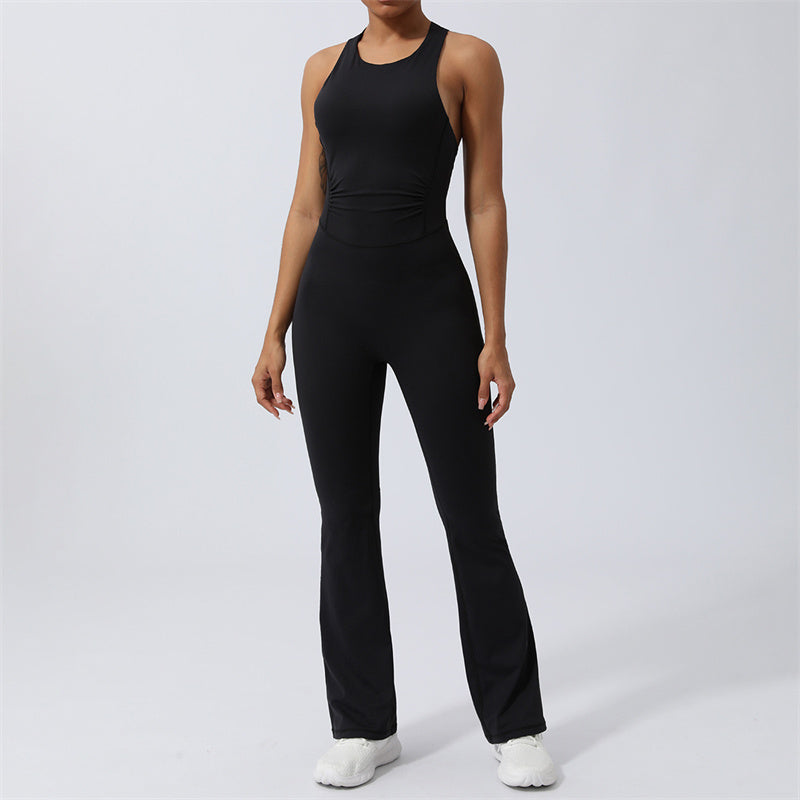 Women Workout Crisscross Sleeveless Flare Jumpsuit Sports Fitness Yoga Bodysuit