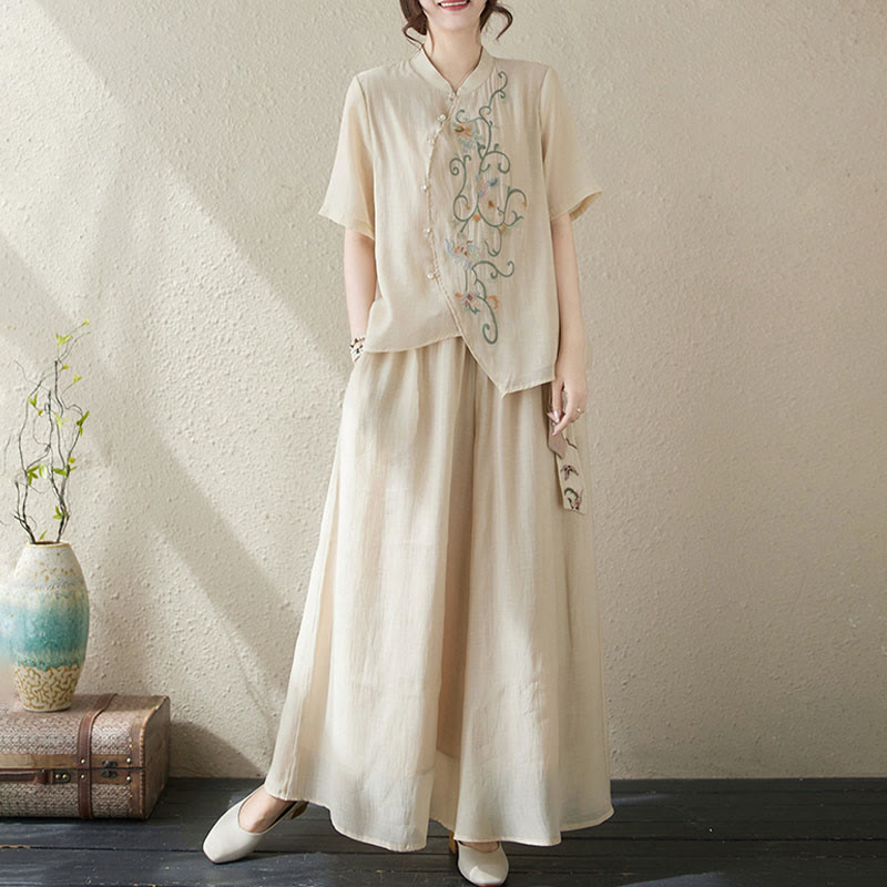 2Pcs Flower Embroidery Short Sleeve Tee T-shirt Wide Leg Pants Set