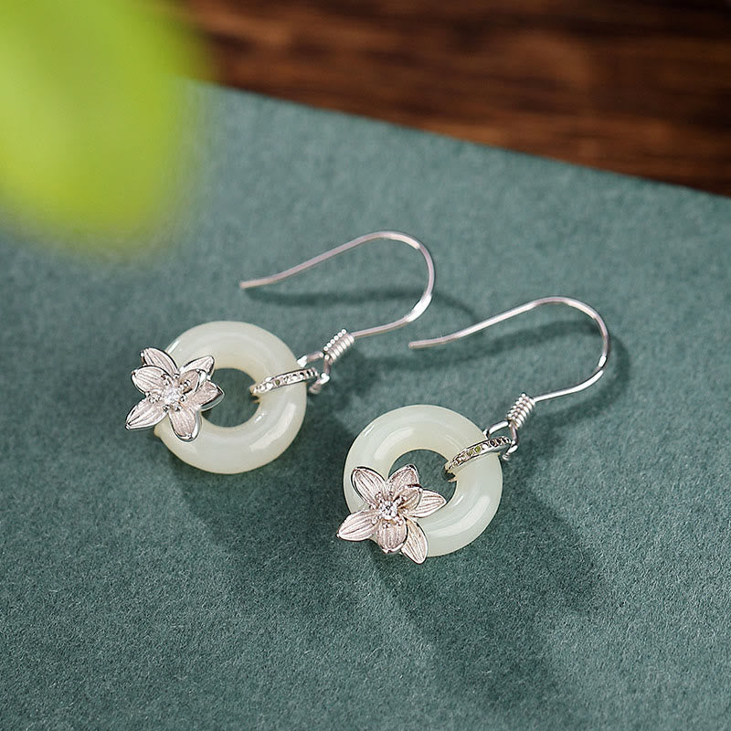 925 Sterling Silver Hetian Jade Peace Buckle Orchid Prosperity Earrings