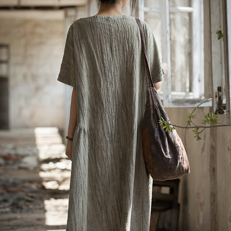 Handmade Tie Dye V-Neck Midi Dress Linen Short Sleeve Dress