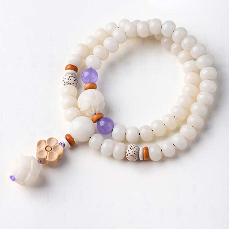 Tibetan White Jade Bodhi Lotus Blessing Bracelet