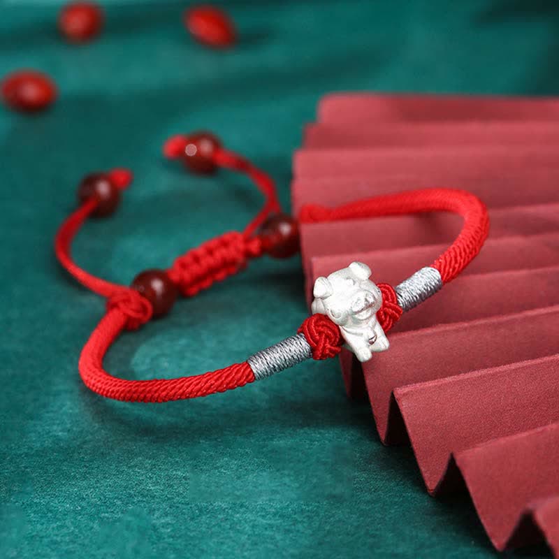 Handcrafted 999 Fine Silver Chinese Zodiac Red String Adjustable Bracelet