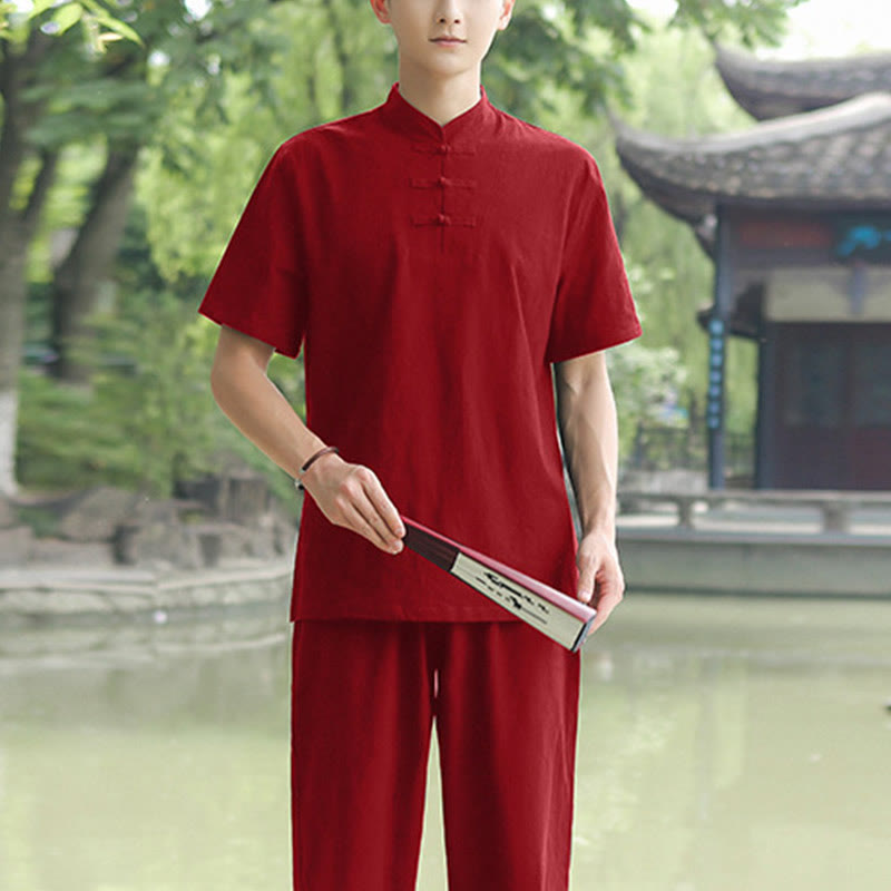2Pcs Men's Short Sleeve Shirt Top T-Shirt Pants Meditation Zen Tai Chi Cotton Linen Clothing Set