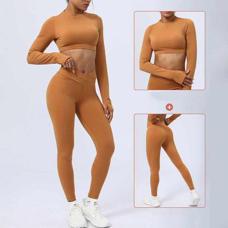 2Pcs Long Sleeve Backless Top Bra Leggings Pants Fitness Yoga Outfit Set