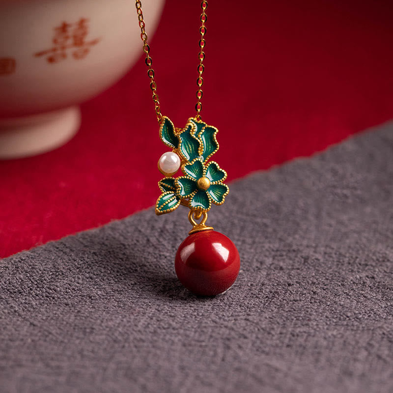 925 Sterling Silver Plated Gold Cinnabar Pearl Flower Blessing Necklace Pendant Earrings Ring Set