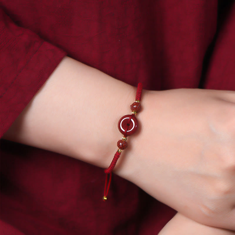Handmade Cinnabar Peace Buckle Lotus Calm Blessing Braided Rope Bracelet